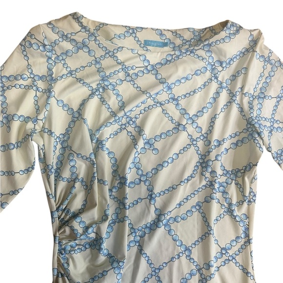 J. McLaughlin White and Blue Chain Print Dress Size Small Ruched 3/4 Sleeve - Picture 2 of 8